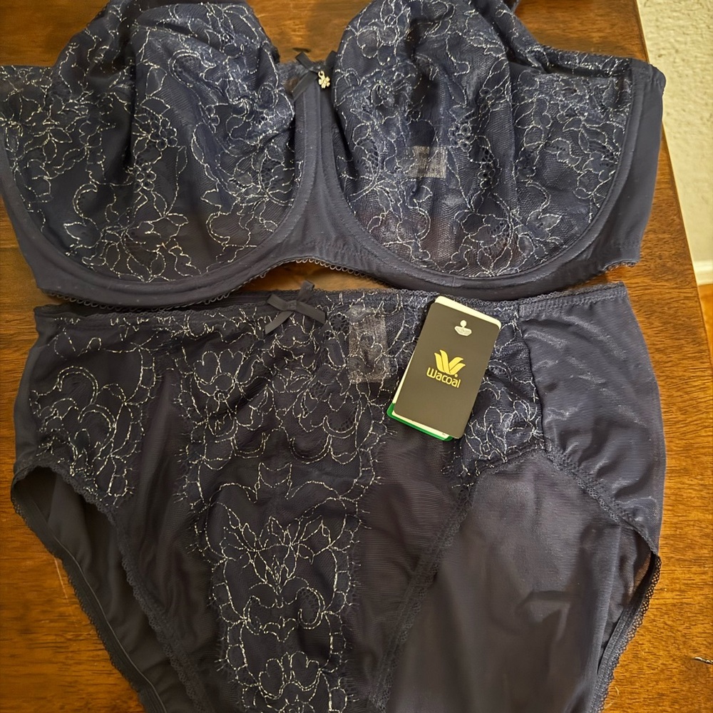 NWT Wacoal Navy Blue Lace Bra and Panty Set